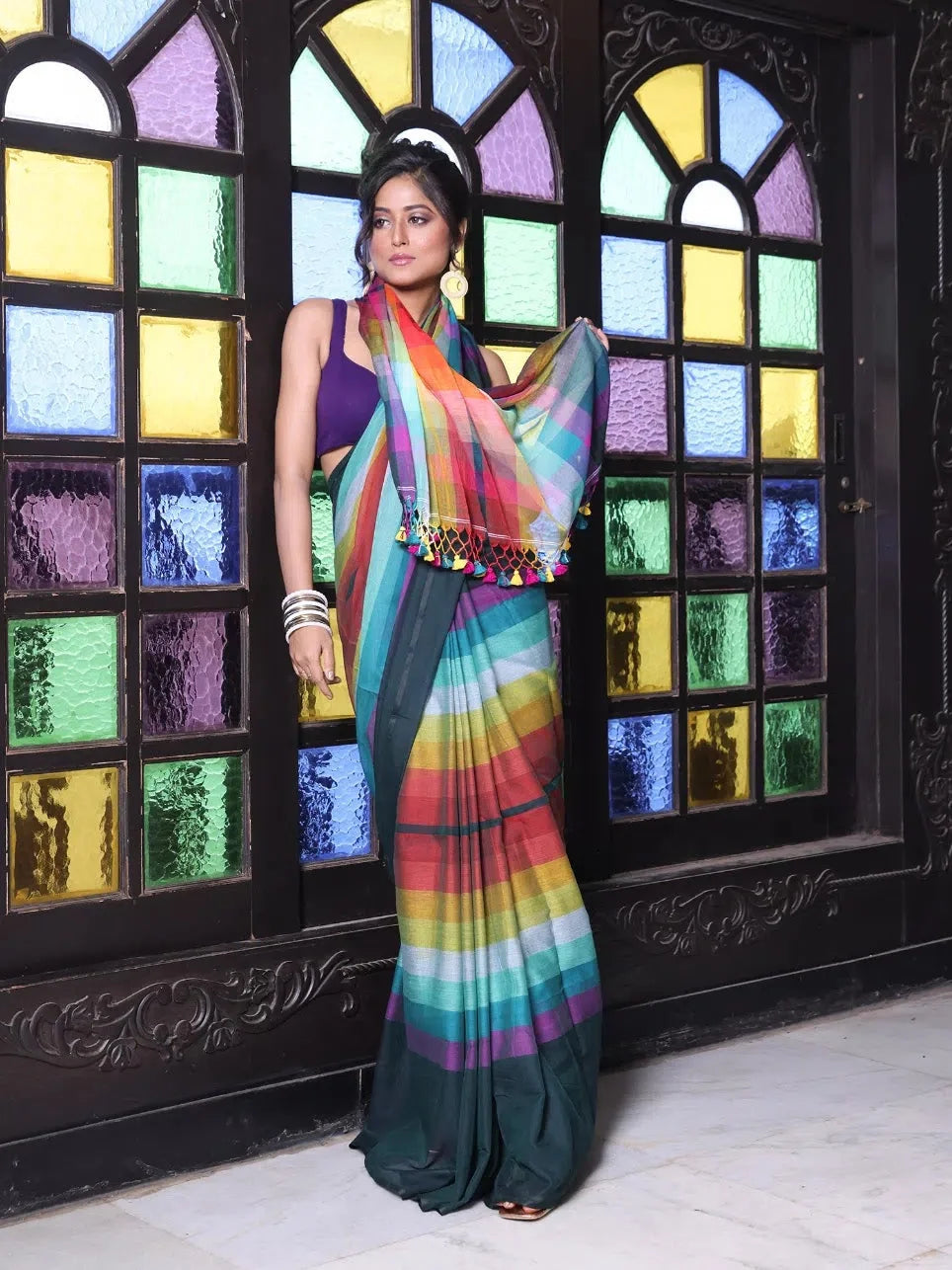 Bottle Green Cotton Saree - Indian Sarees Online