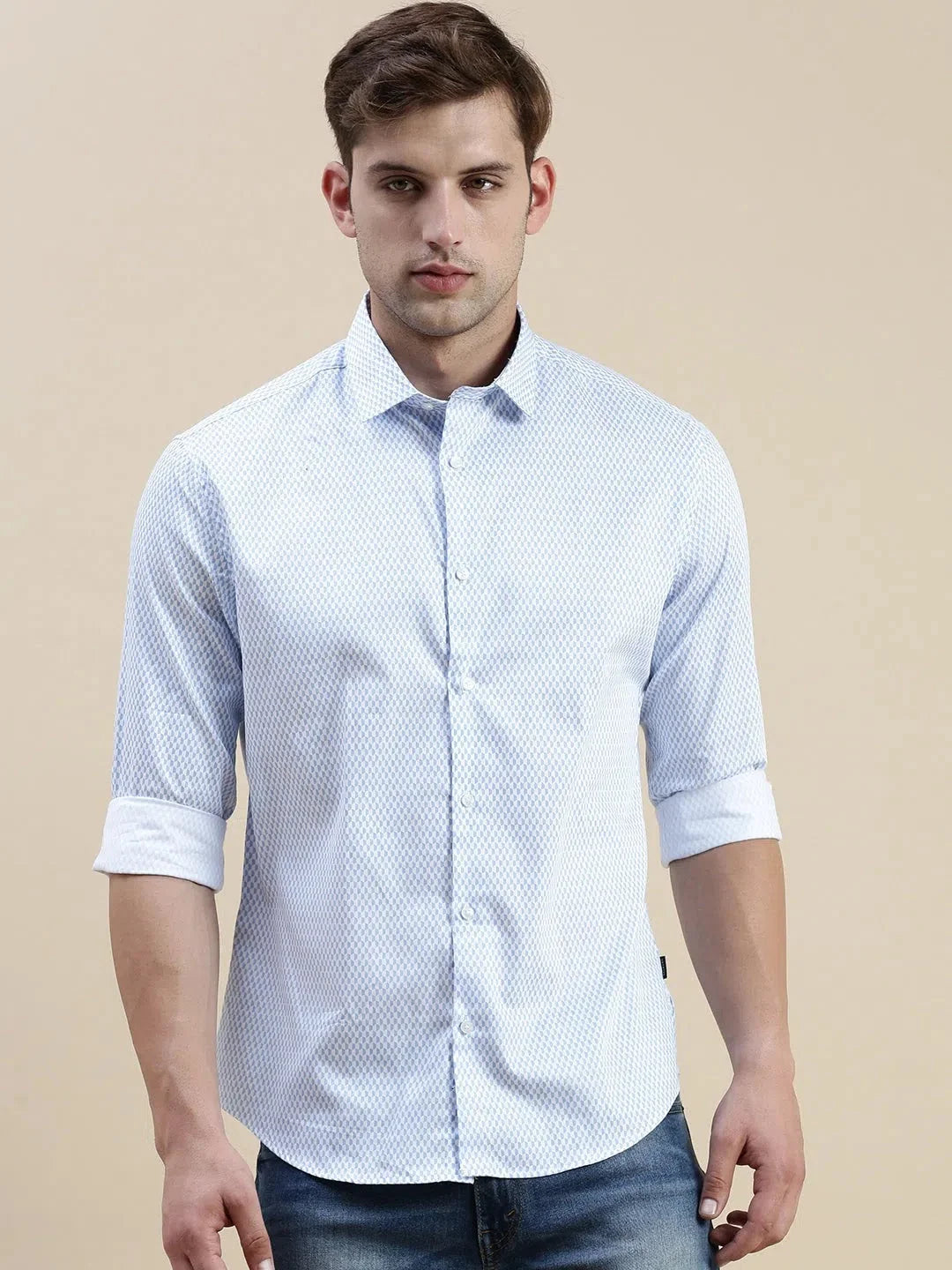 White Geometric Mens Shirt - DesiQlo Stanley Cotton Casual