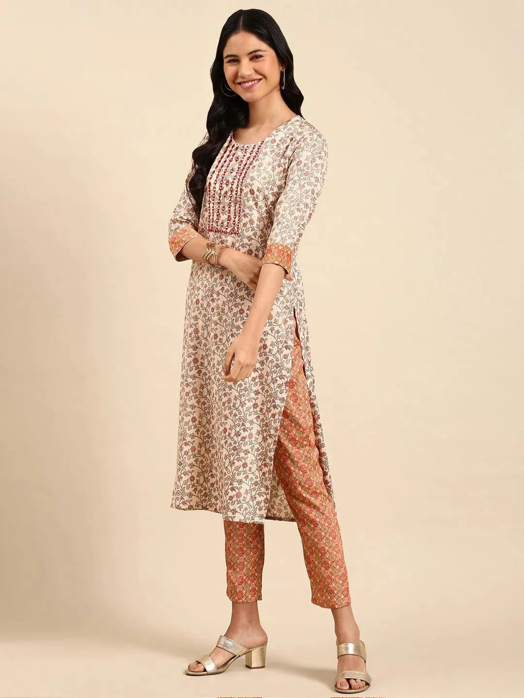 Peach Floral Women's Kurta Set | Cotton Indian Kurta Sets