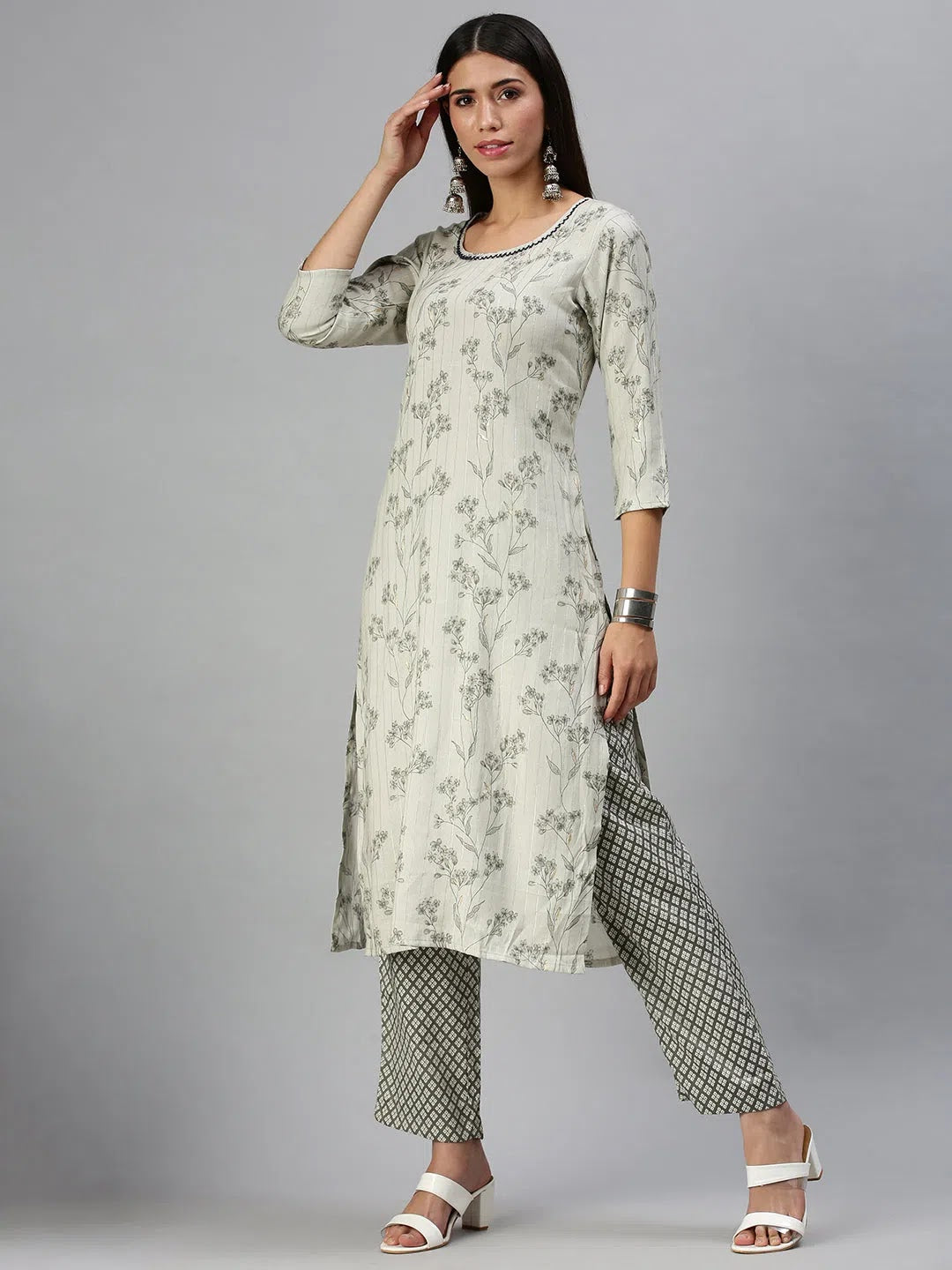 Grey Floral Cotton Kurta Sets | Indian Women's Kurta Set with ...