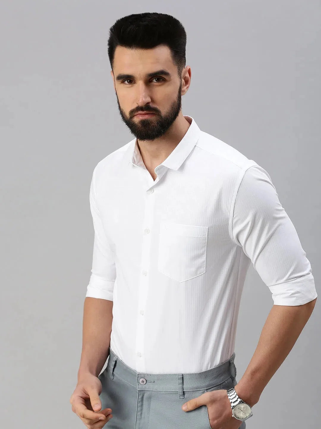 White Self Design Cotton Mens Shirt | Casual Shirts