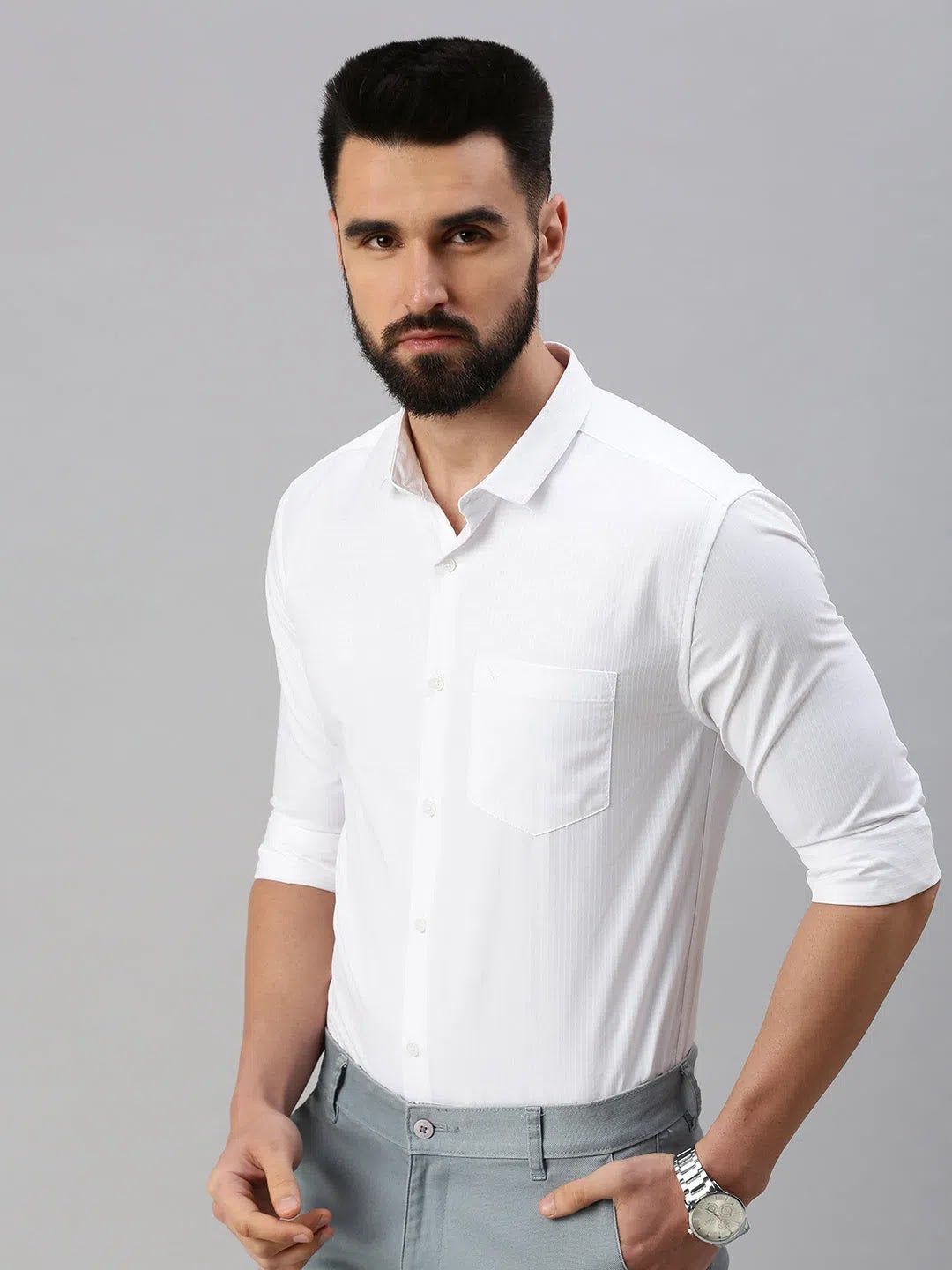 White Self Design Cotton Mens Shirt | Casual Shirts