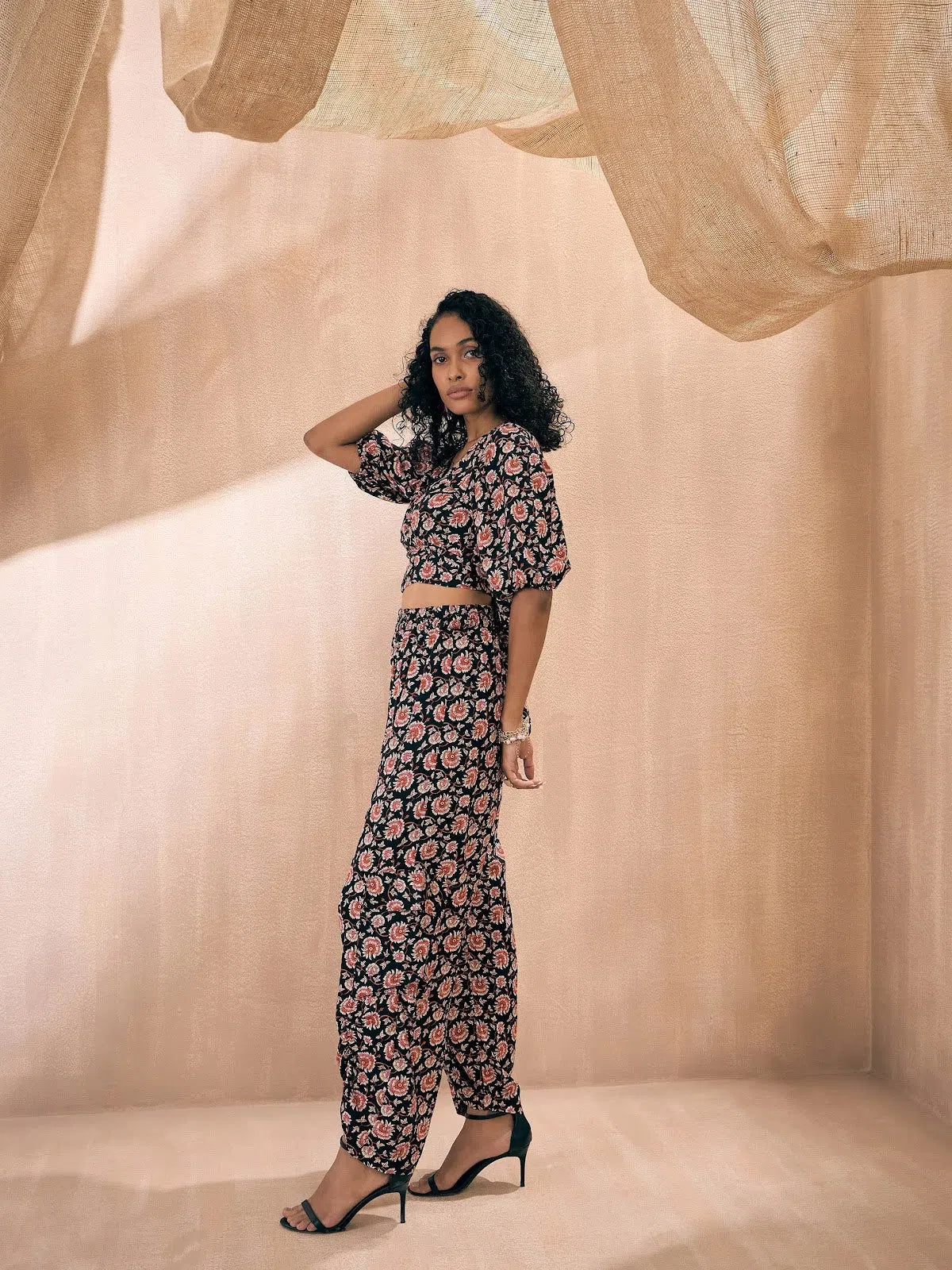 Black Floral Co Ord Sets for Women - Wrap Top & Ruched Pants