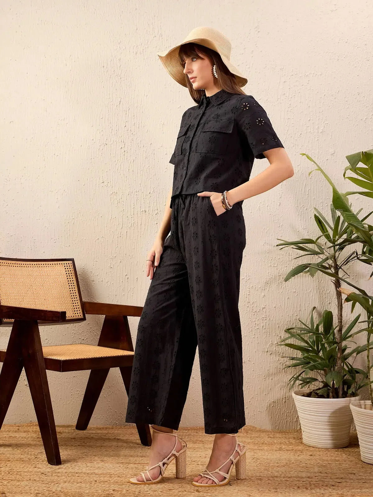 Black Cotton Schiffli Co-ord Set - Crop Shirt and Wide Leg Pant