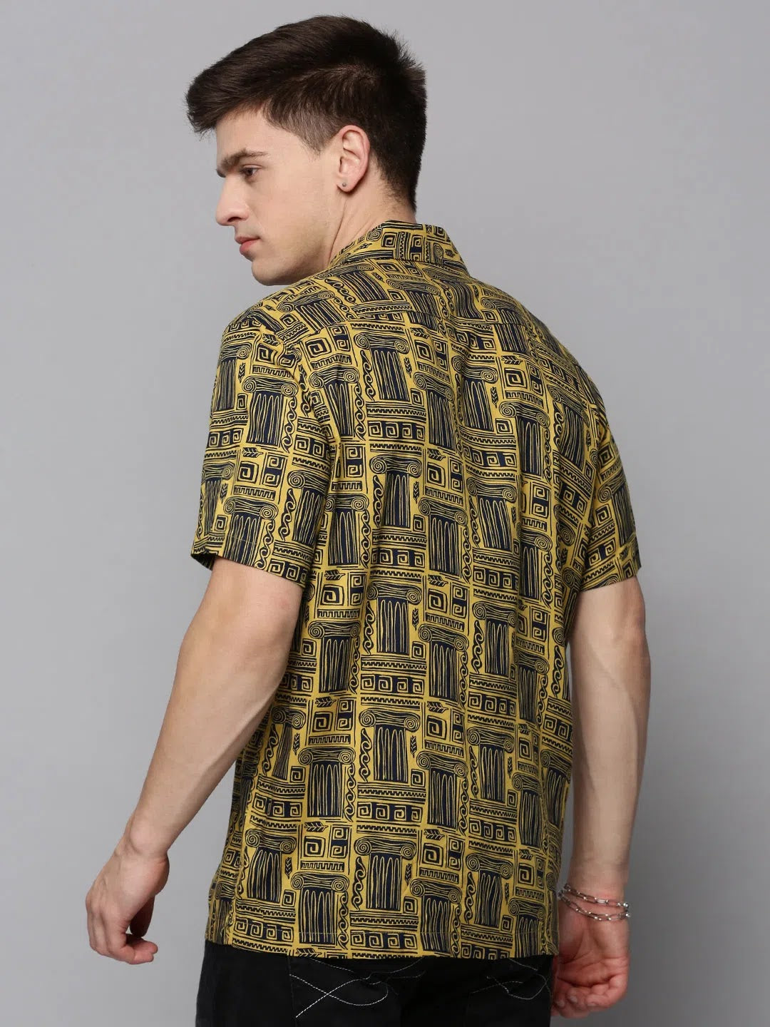 Yellow Printed Mens Shirt - Casual Resort Style Cotton Shirt