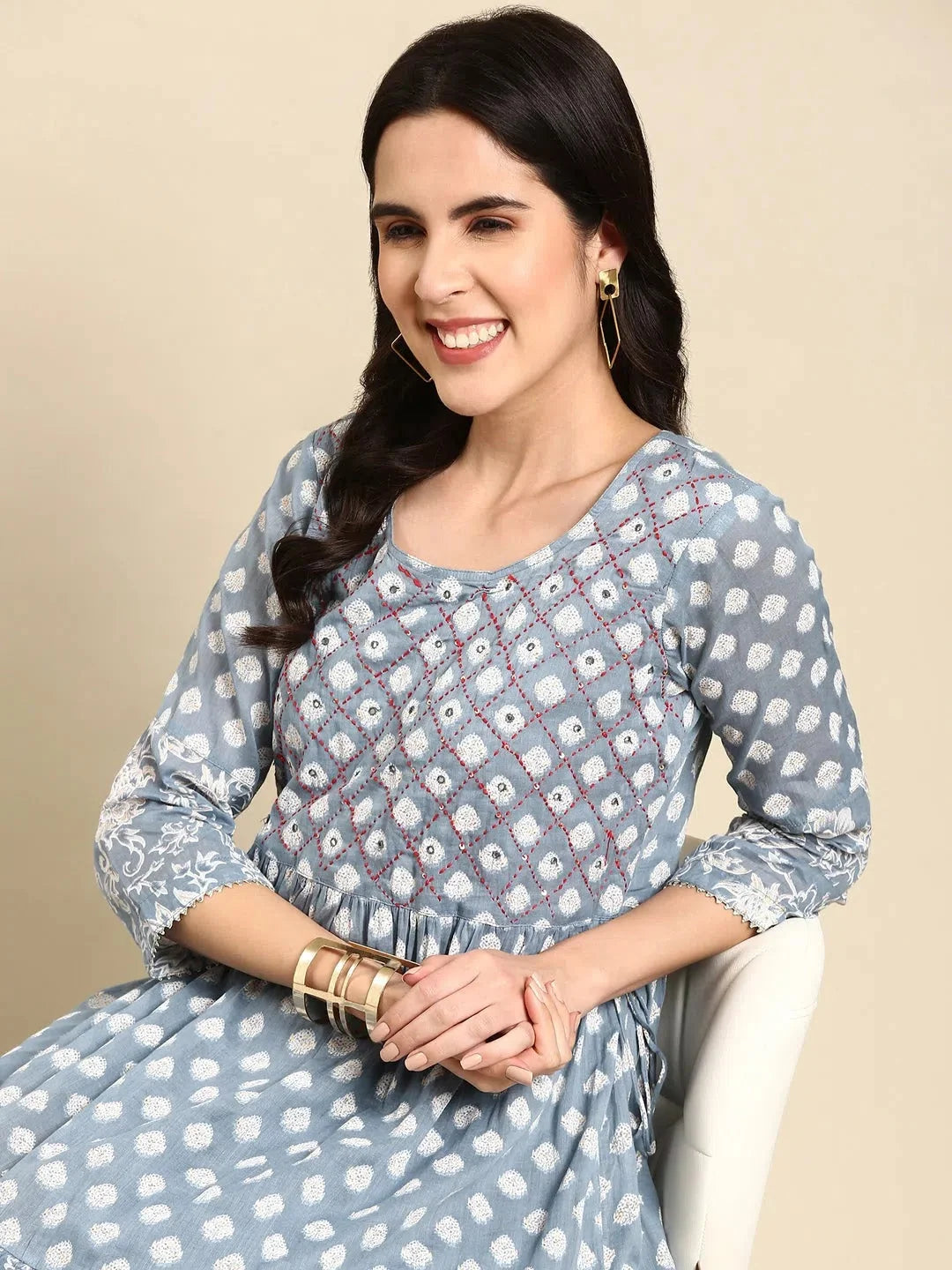 Blue Printed Cotton Anarkali Kurti | Anarkali Kurta for Women