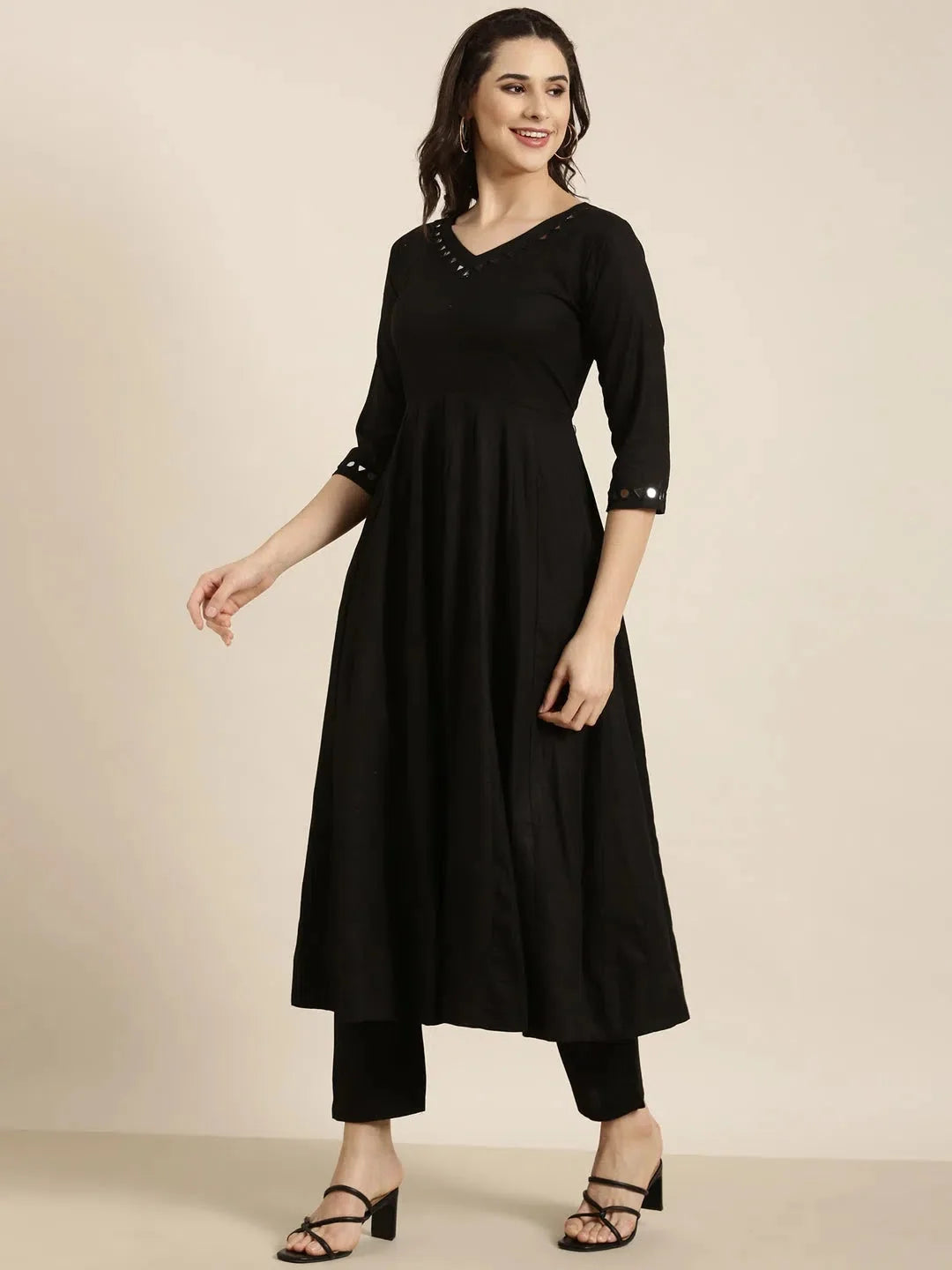 Classic Black Solid Cotton Anarkali Kurta and Trousers Set