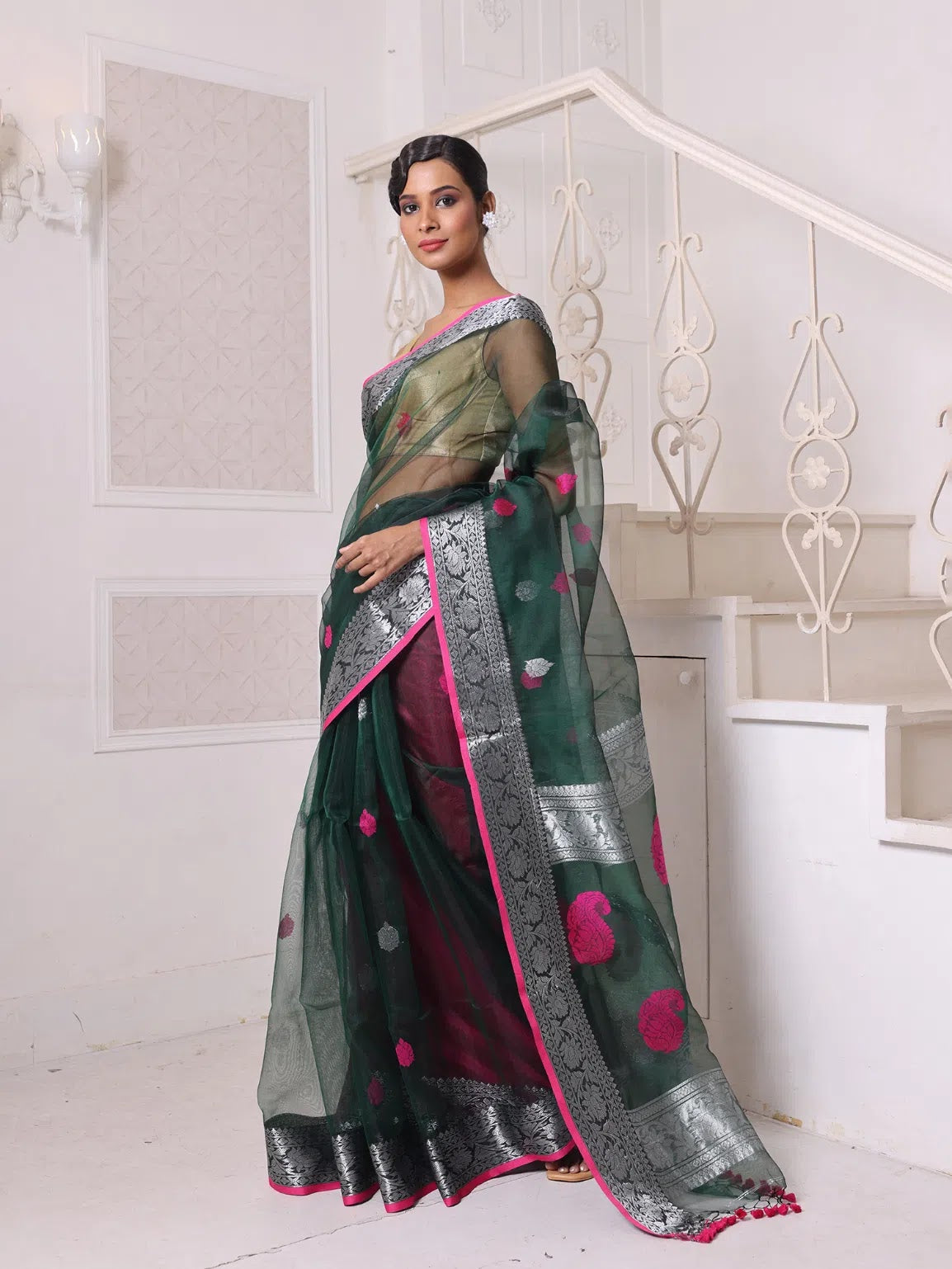 Emerald Green Linen Saree | Indian Sarees & Zari Work