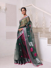 Emerald Green Muslin Saree With Zari Woven Nakshi Borders-MA62MS331980032