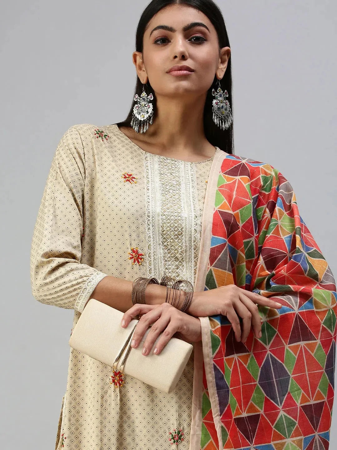 Beige Printed Women's Kurta Sets | Cotton Indian Kurta Sets