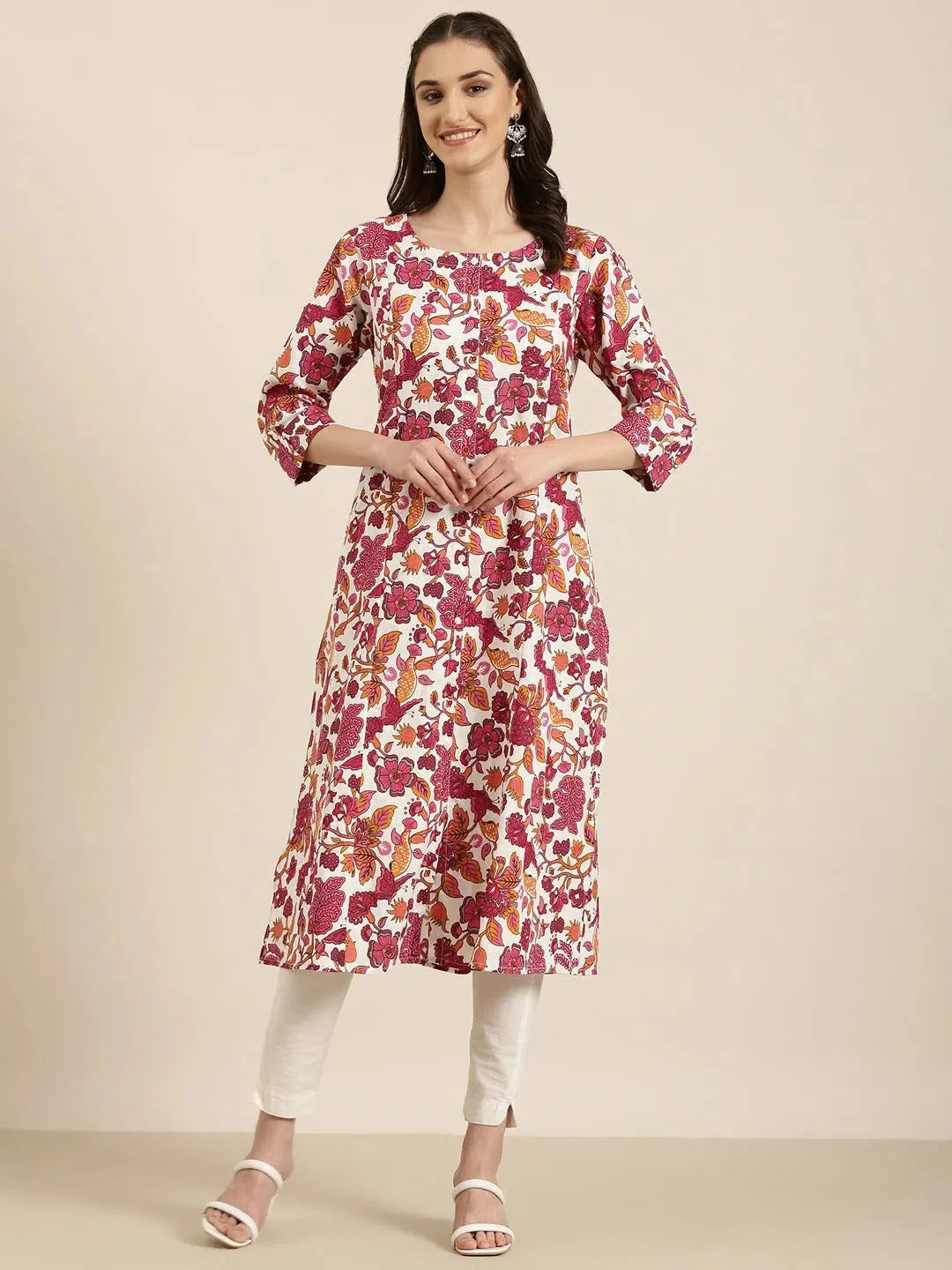 White Floral A-Line Indian Kurta | DesiQlo Indian Kurtis