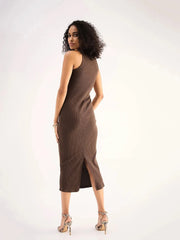 Women Brown Rib Sleveeless Bodycon Midi Dress