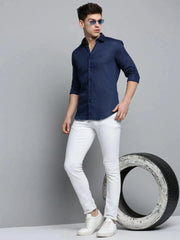 Men Navy Solid Casual Shirt-MUNIFICENCEPLAIN-3396-Navyblue