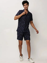 Men Navy Printed Casual Co ords-AM-105-9-Navyblue