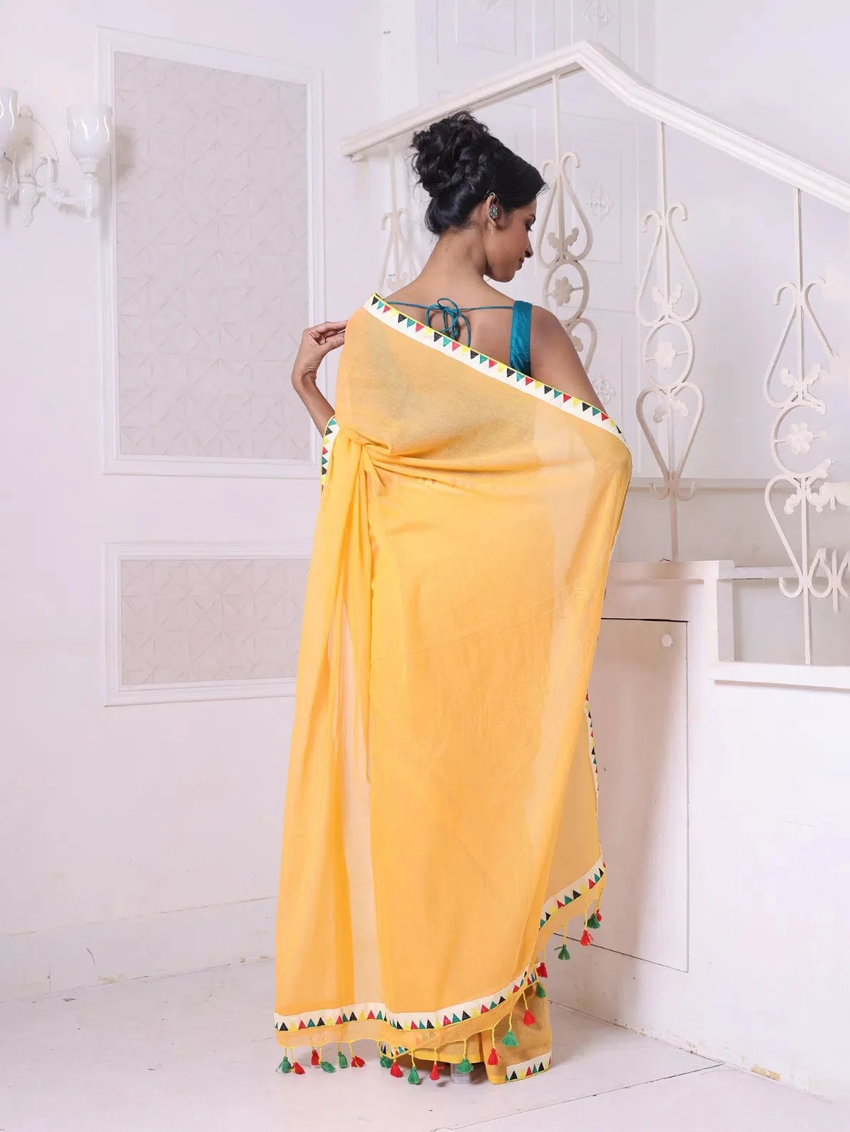 Yellow Cotton Saree with Patchwork | Indian Sarees