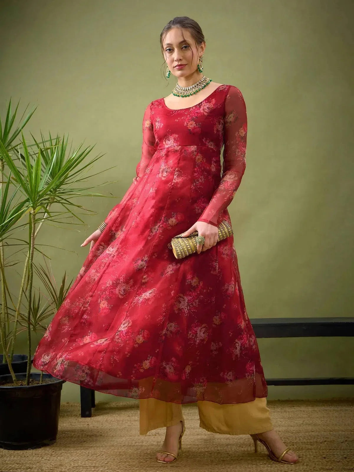 Maroon Floral Anarkali Dress - Organza Anarkali Gown for Women