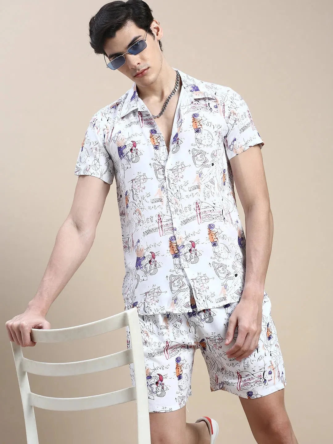 Men's White Printed Casual Co ord Set | Mens Two Piece Sets