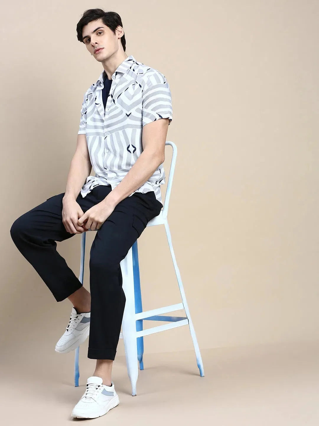 White Abstract Mens Shirt - Trendy Cotton Shirt