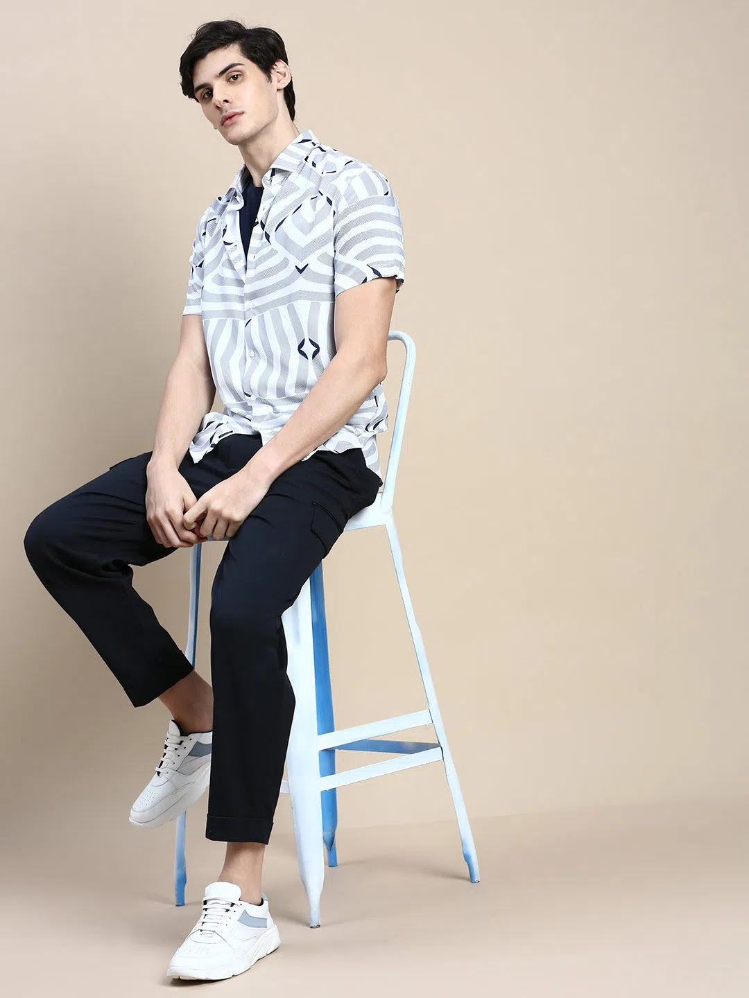 White Abstract Mens Shirt - Trendy Cotton Shirt