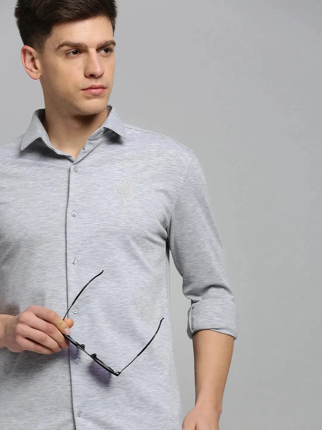 Men Grey Solid Casual Shirt-FORDKNITS-4476-Greymelange