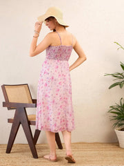 Women Pink Floral Strappy Midi Dress