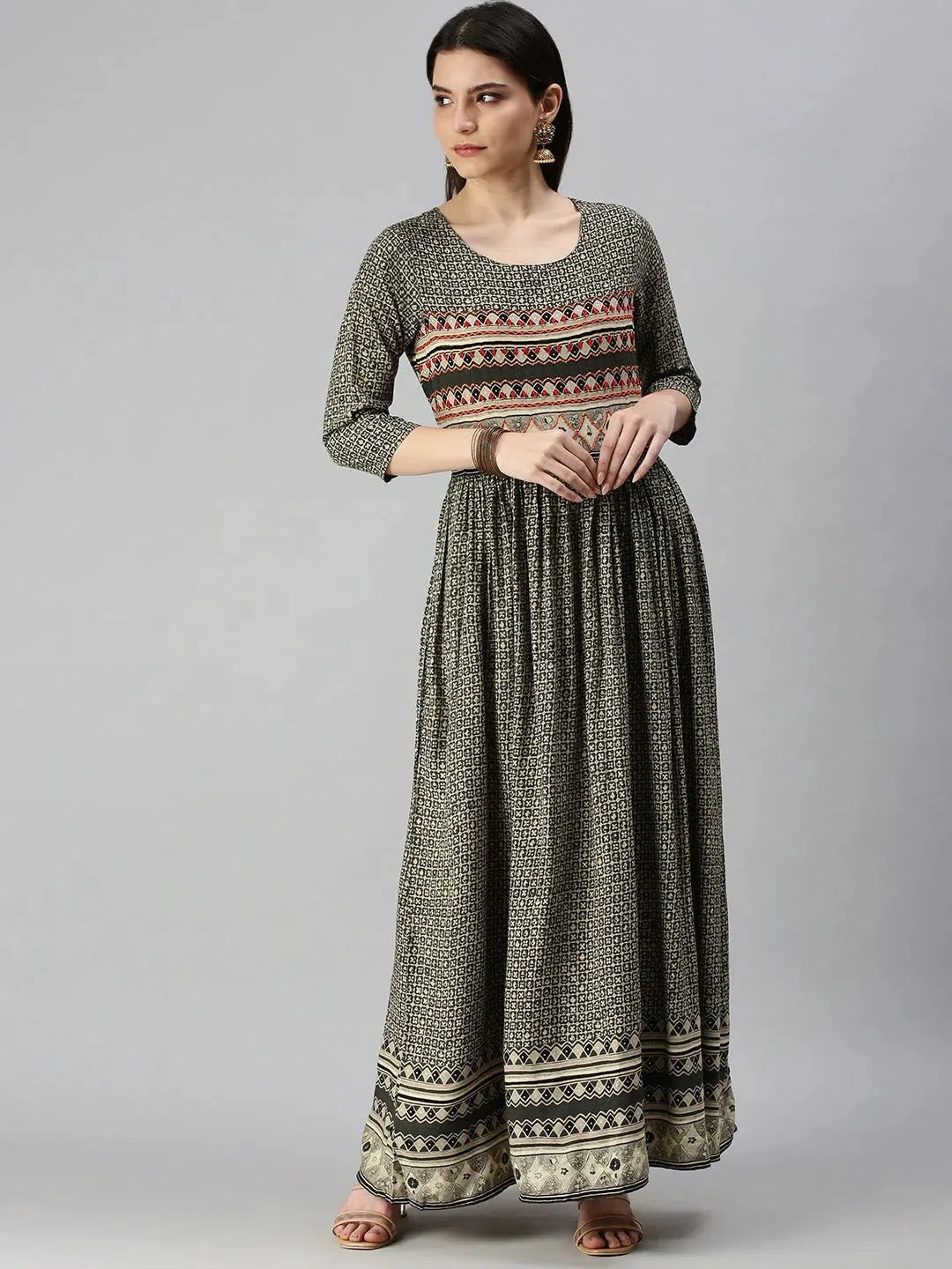 Olive Printed Cotton Anarkali Kurta | DesiQlo Anarkali Gown