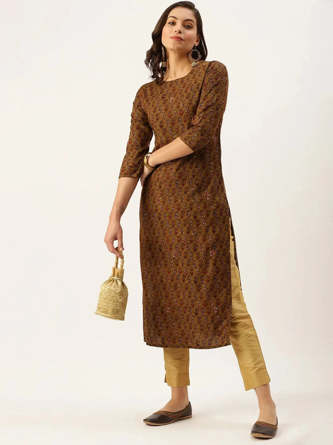 Brown Printed Cotton Kurta: Indian Kurta Ladies Collection