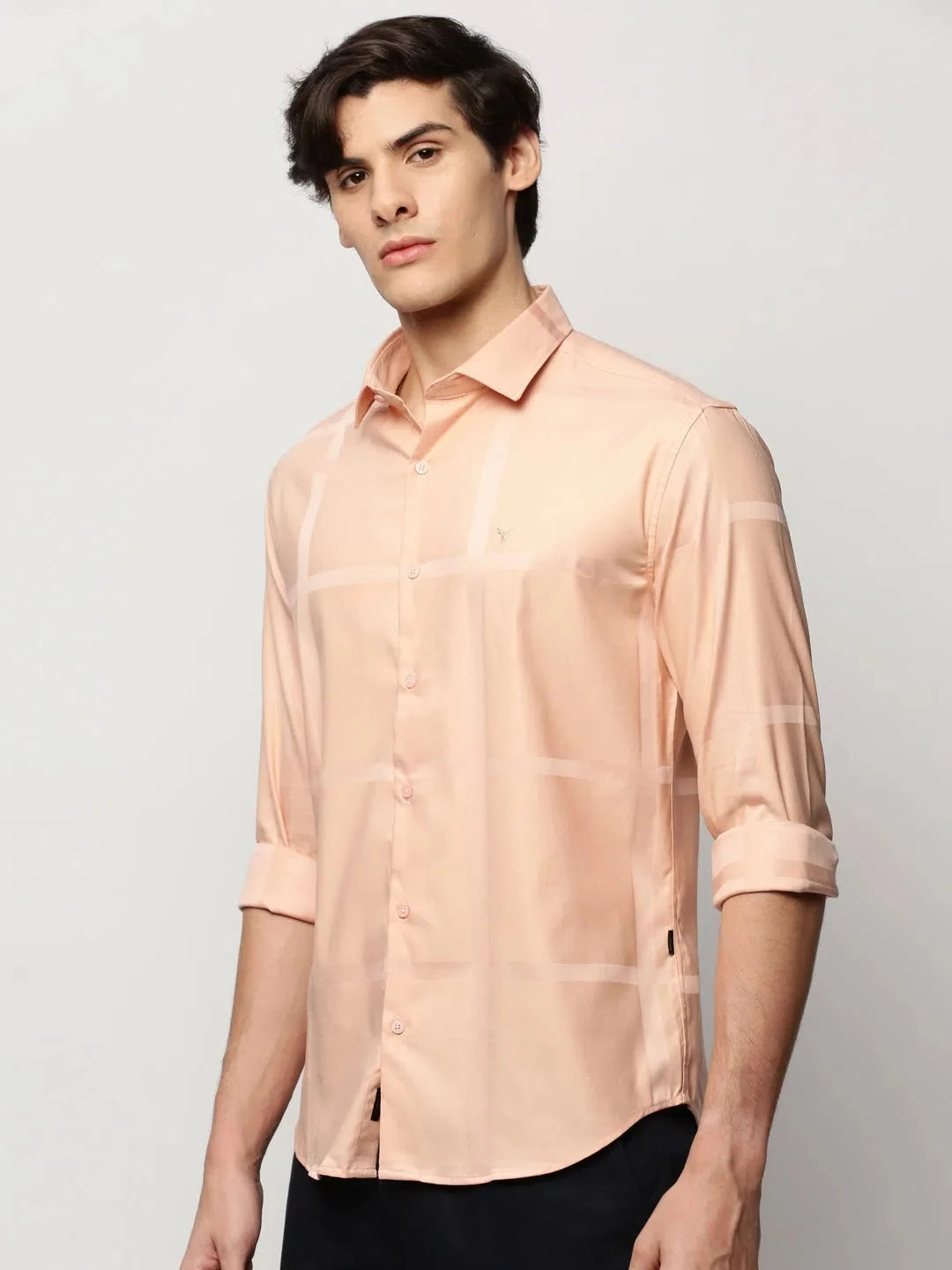 Peach Checked Cotton Mens Shirt - Stylish Casual Shirts