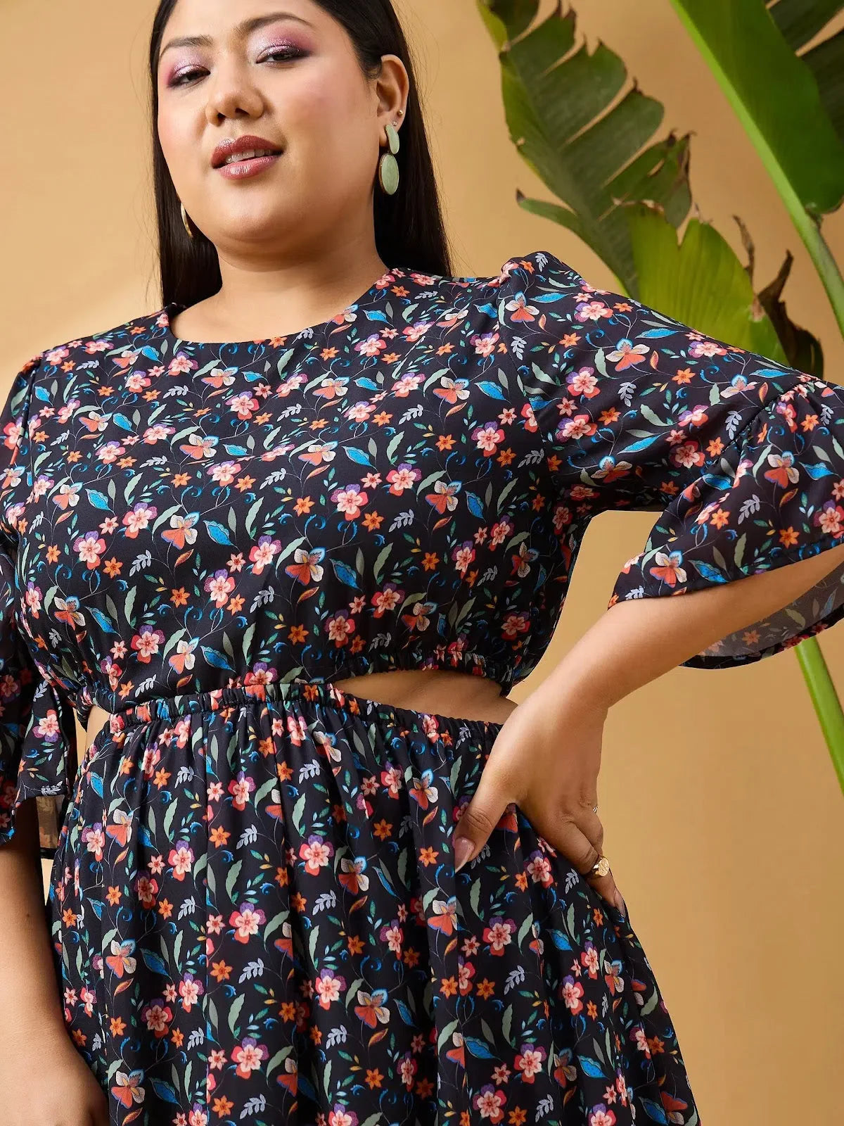 Black Floral Midi Dress - Side Cut Out, Fit & Flare Style