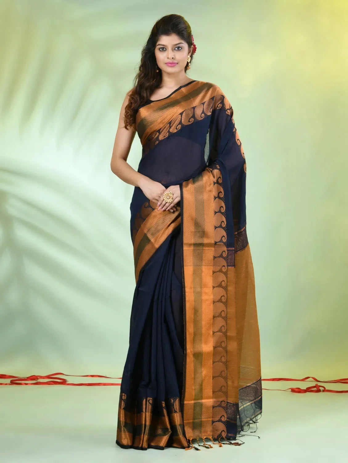 Navy Blue Cotton Indian Sari with Zari - Elegant & Comfortable