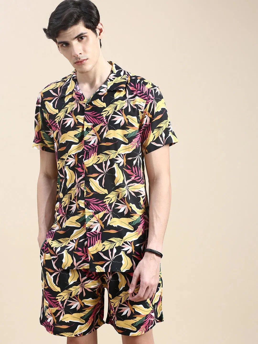 Black Printed Mens Co Ord Sets - Casual Two Piece Sets for Men