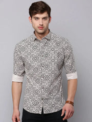 Men Cream Printed Casual Shirt-HARPERPRINT-1697-Cream