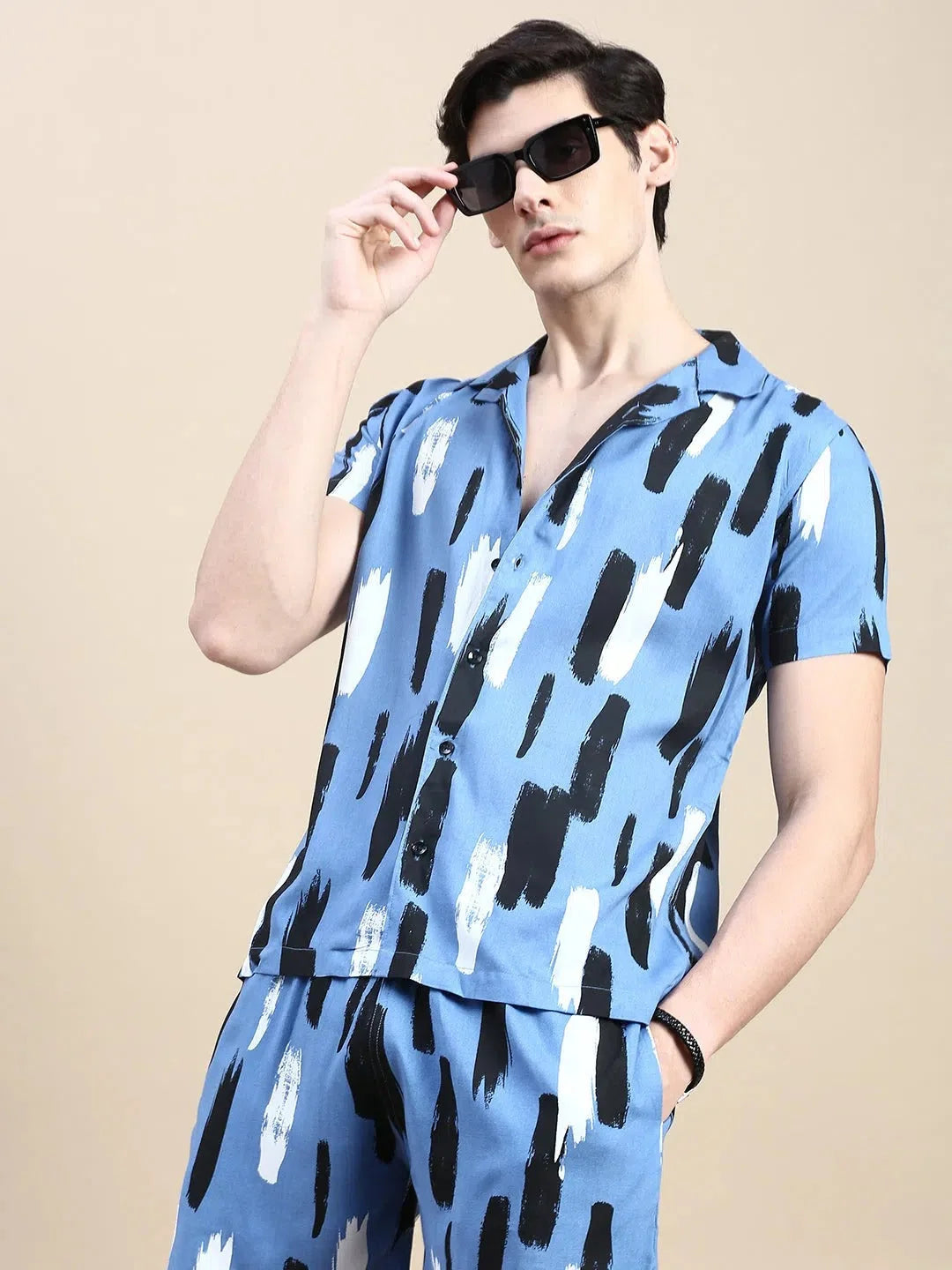 Men Blue Printed Casual Co ord Set-AM-95-9-Blue