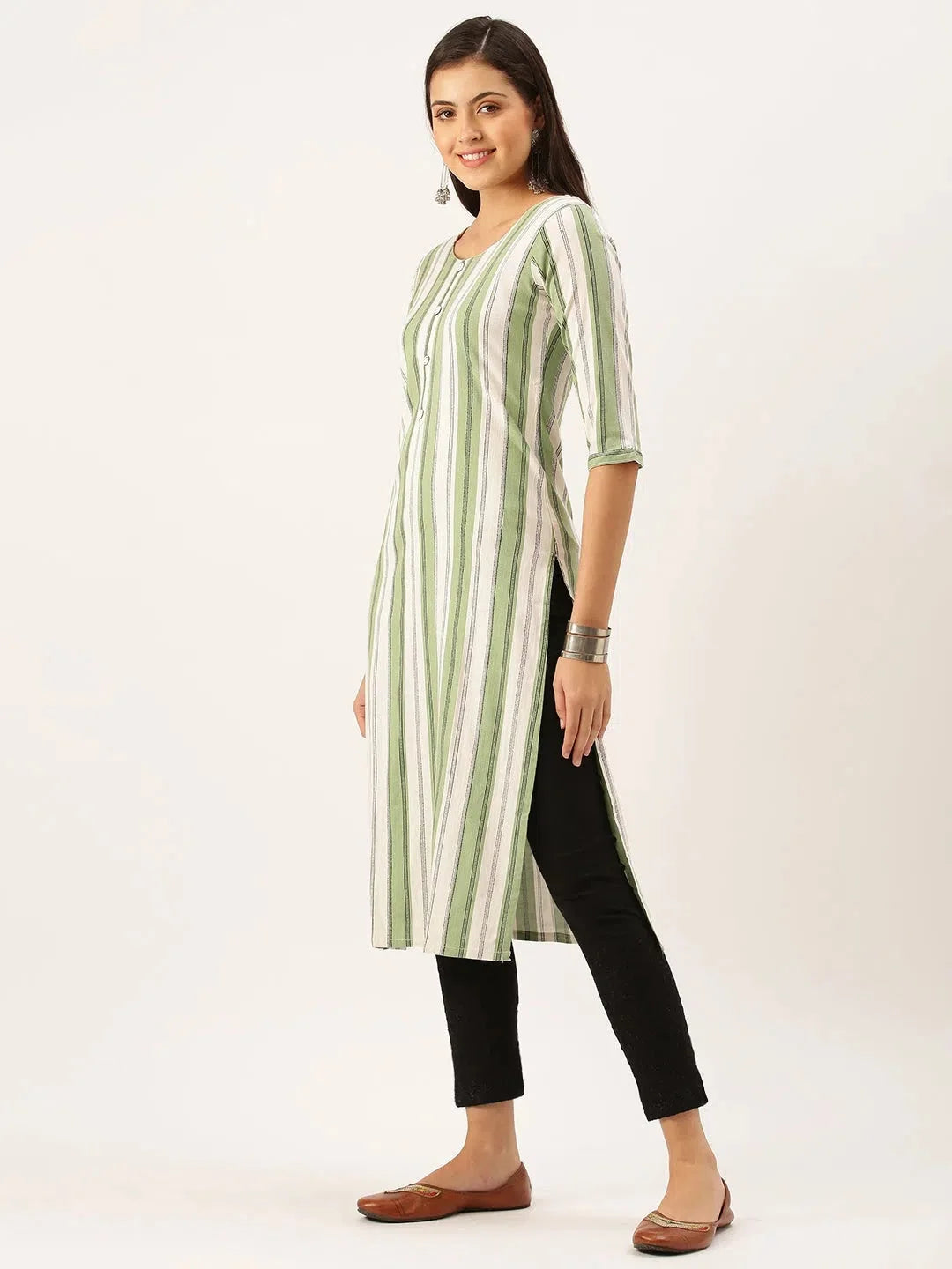 Green Striped Cotton Short Kurti for Women | DesiQlo