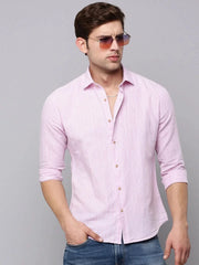 Men Pink Striped Casual Shirt-CASINOSTIPELINEN-3467-Pink