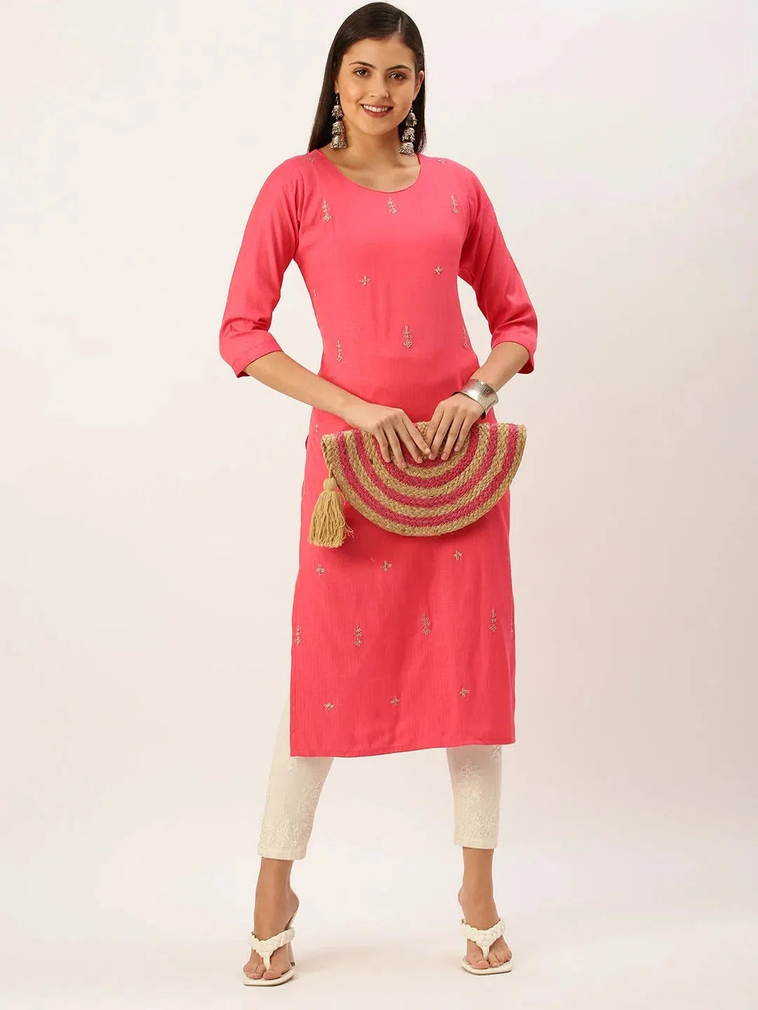 Pink Embellished Indian Kurta for Women - Cotton Kurti