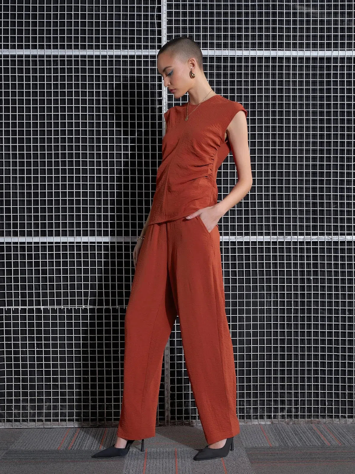 Rust Sleeveless Co Ord Sets Women: Pleated Top & Pants