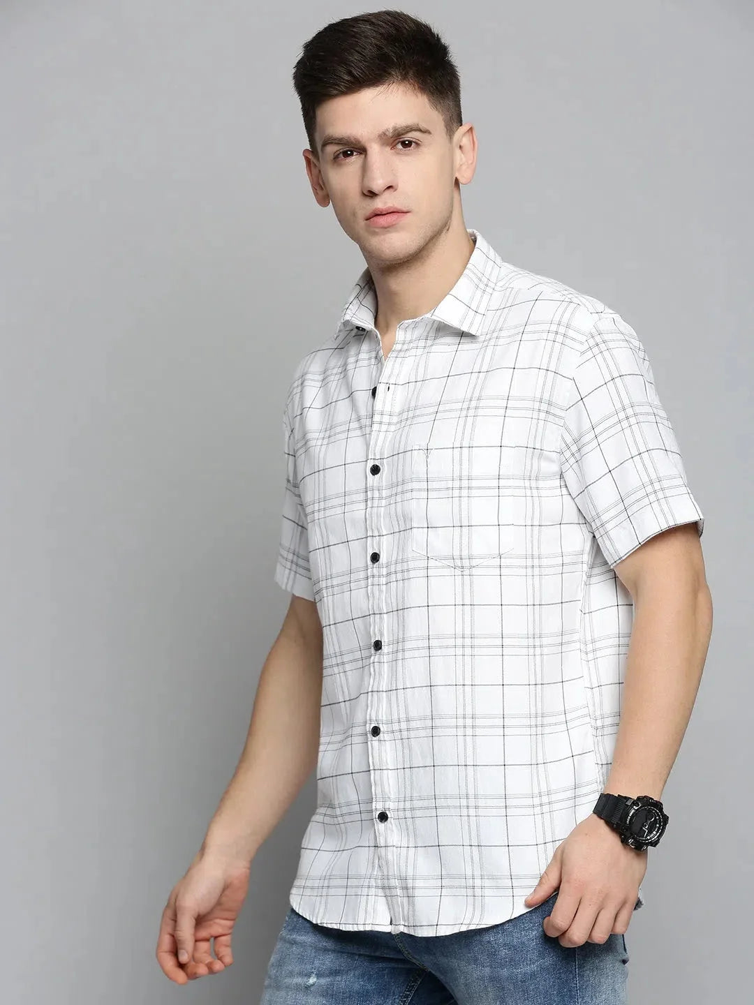 Mens Checked Cotton Shirt - White Casual Shirt | DesiQlo
