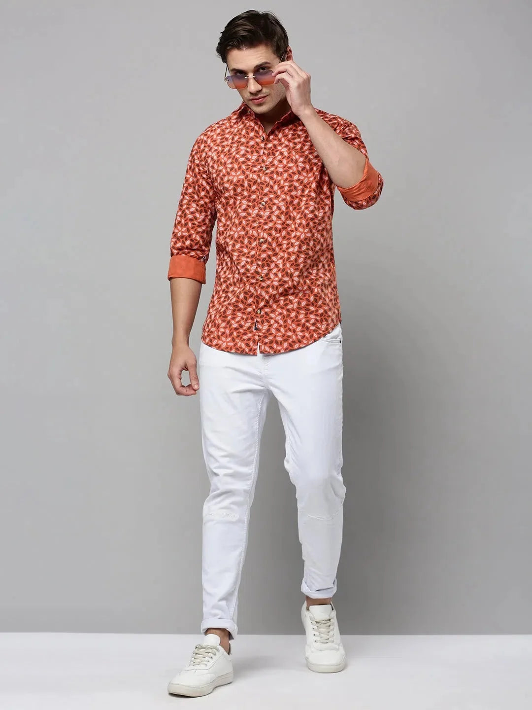 Orange Printed Mens Shirt - Cotton Casual Shirt by DesiQlo