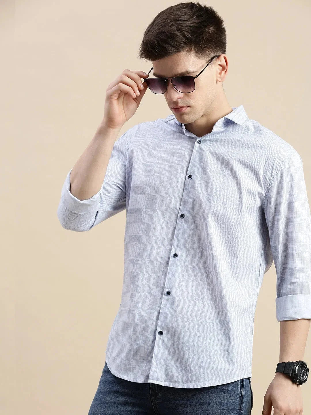 Men's Blue Geometric Cotton Shirt | Casual Printed Shirt