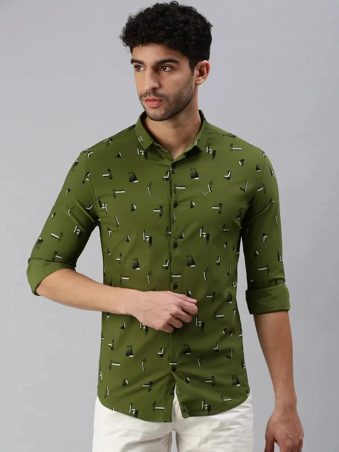 Olive Printed Mens Shirt | Casual Cotton Shirt by DesiQlo