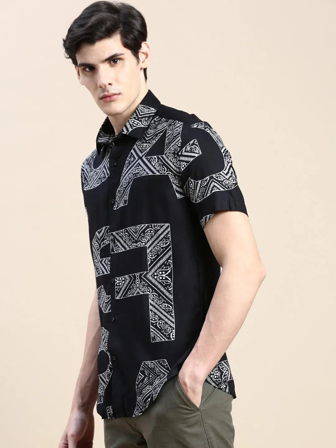 Black Printed Mens Shirt - Cotton Ethnic Motif Casual Shirt
