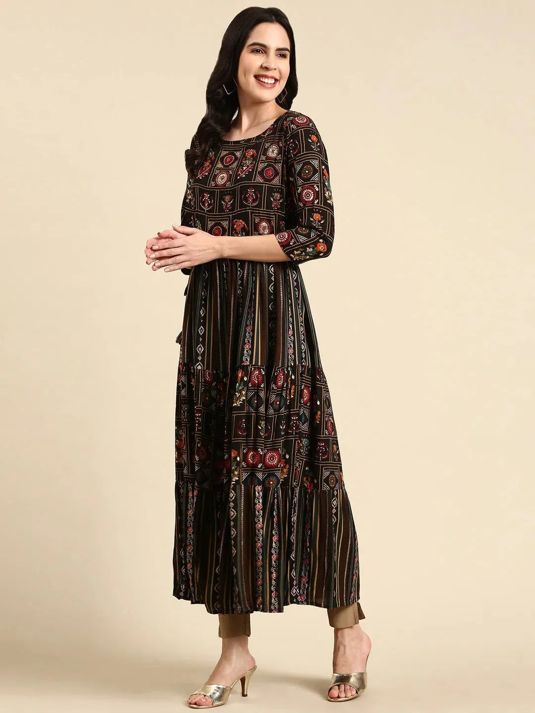 Black Printed Cotton Anarkali Kurta | Anarkali Kurti for Women