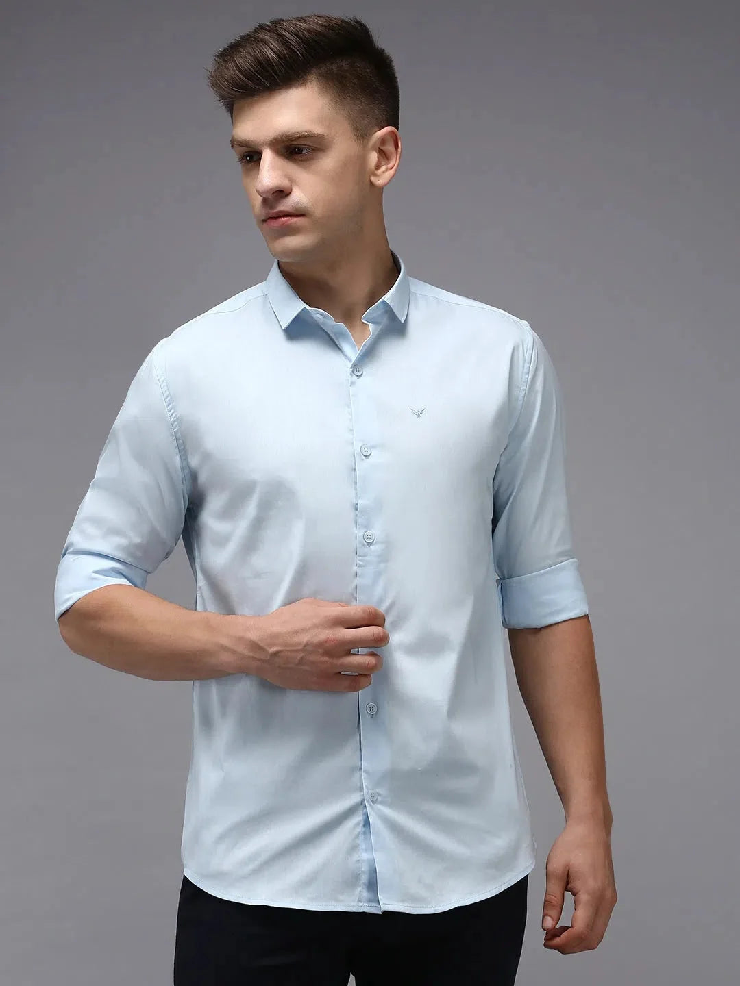 Men's Blue Cotton Shirt - Solid Color Casual Style