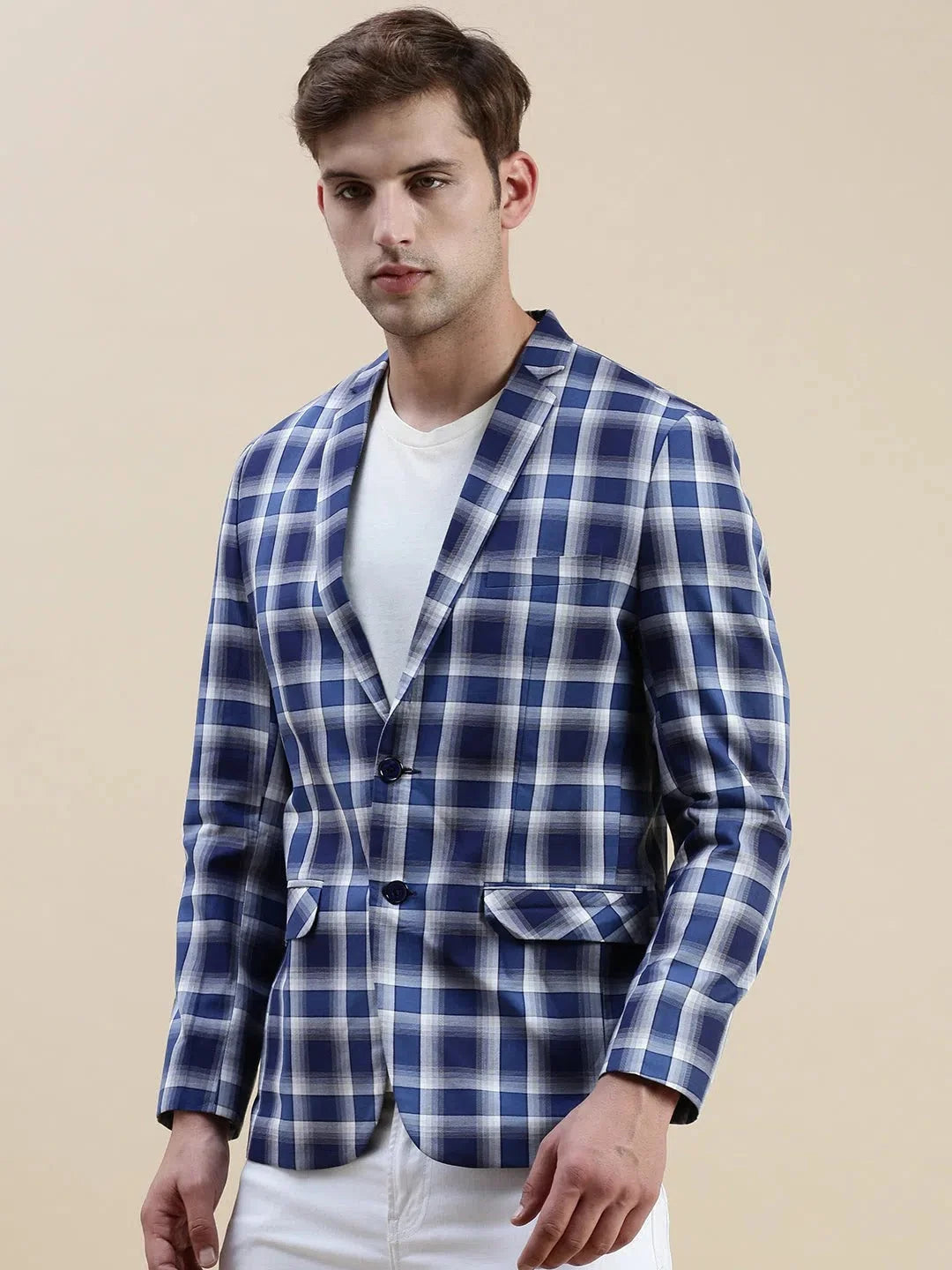 Blue Checked Cotton Blazer - Men's Ethnic Wear | DesiQlo