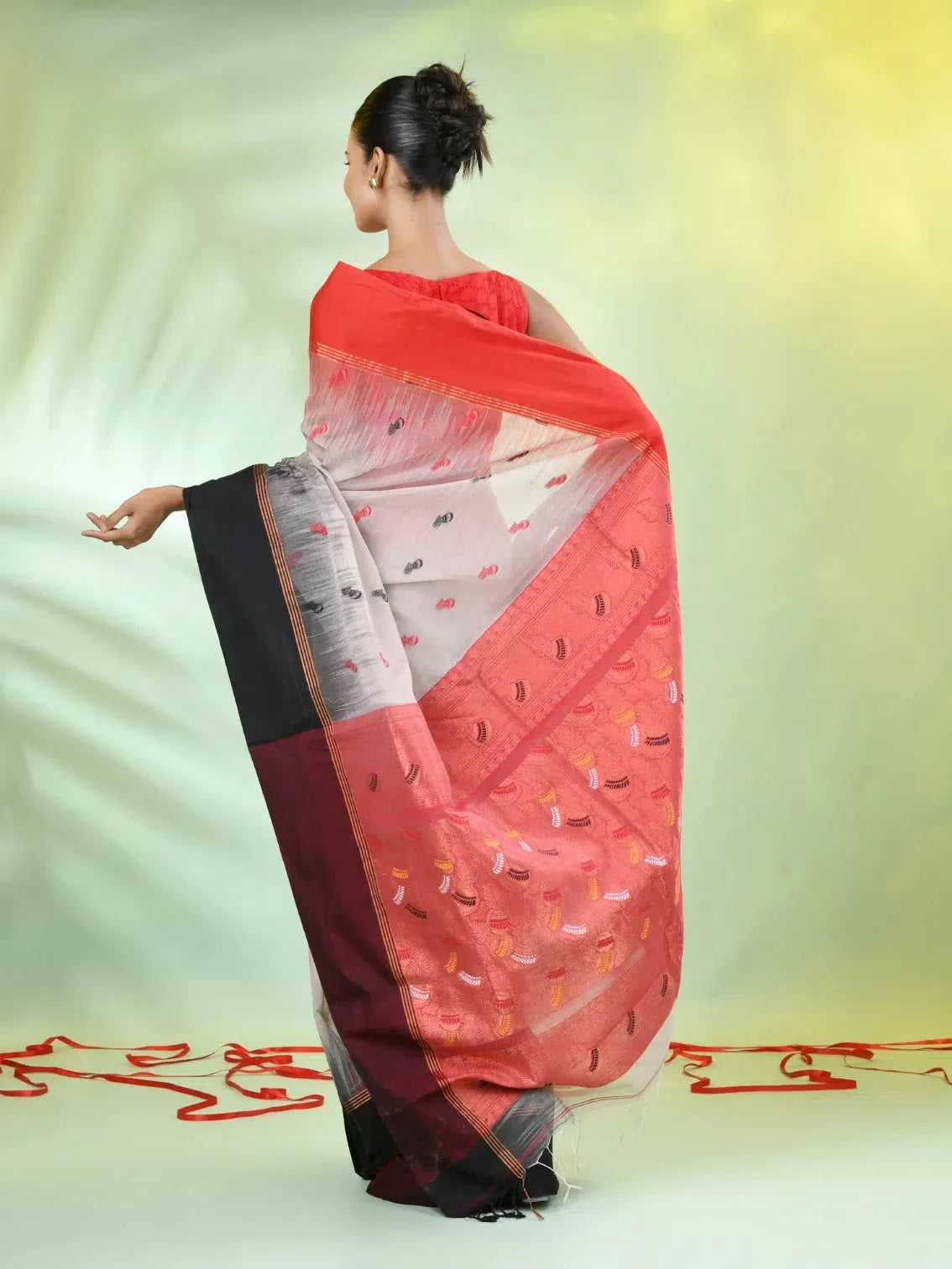 Ecru Ikat Cotton Saree | Indian Sari with Ganga Jamuna Border