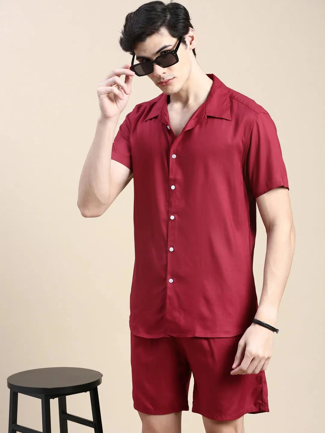 Burgundy Mens Casual Co ord Set - Cotton Two Piece Sets