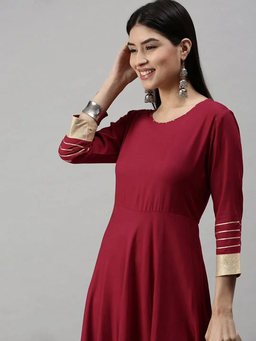 Maroon Solid Cotton Anarkali Kurta for Women | DesiQlo