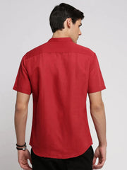 Men Red Mandarin Collar Solid Shirt-OSLOLINEN-30-Red