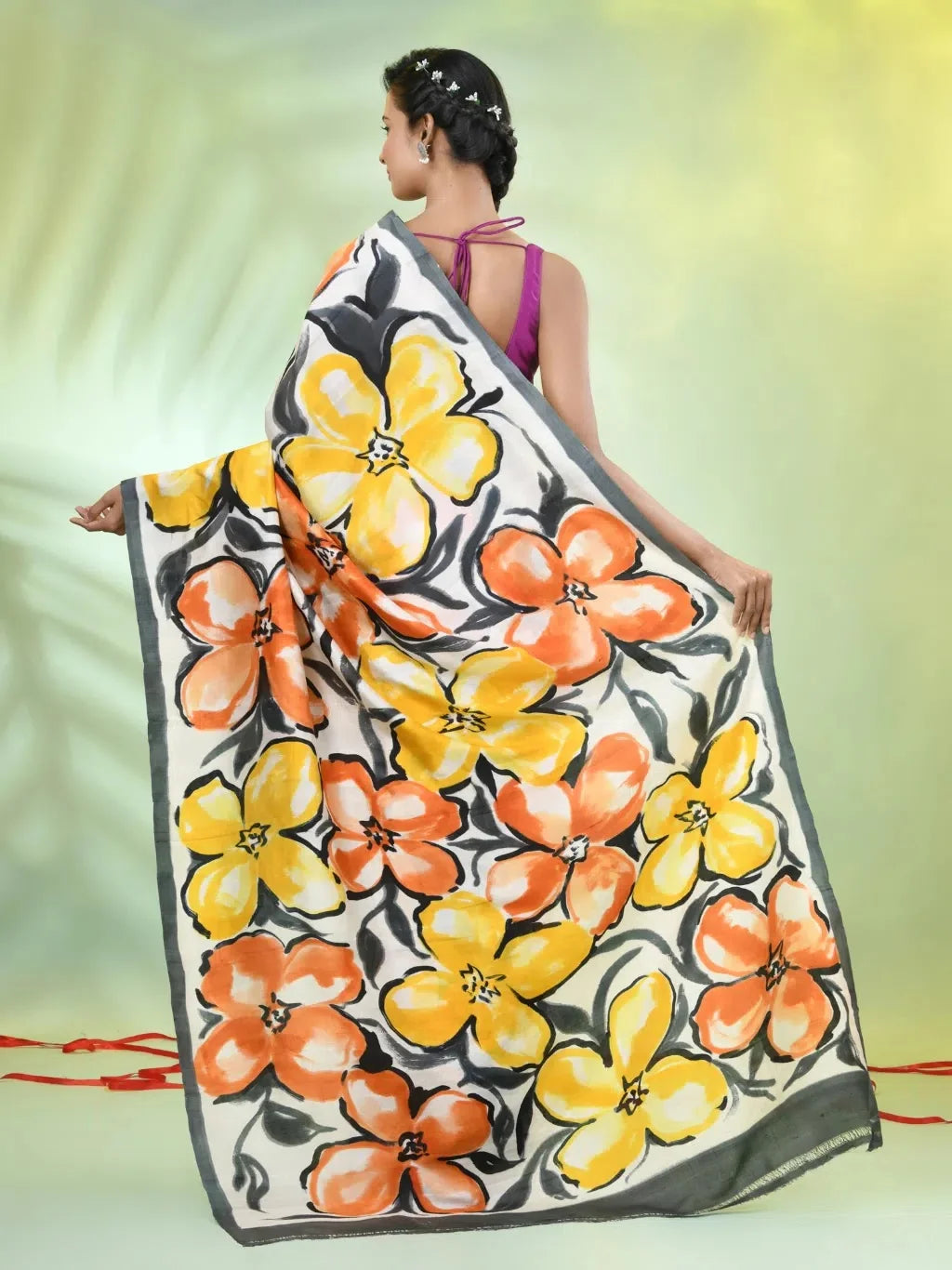 White Silk Floral Saree - Hand Painted Indian Sarees